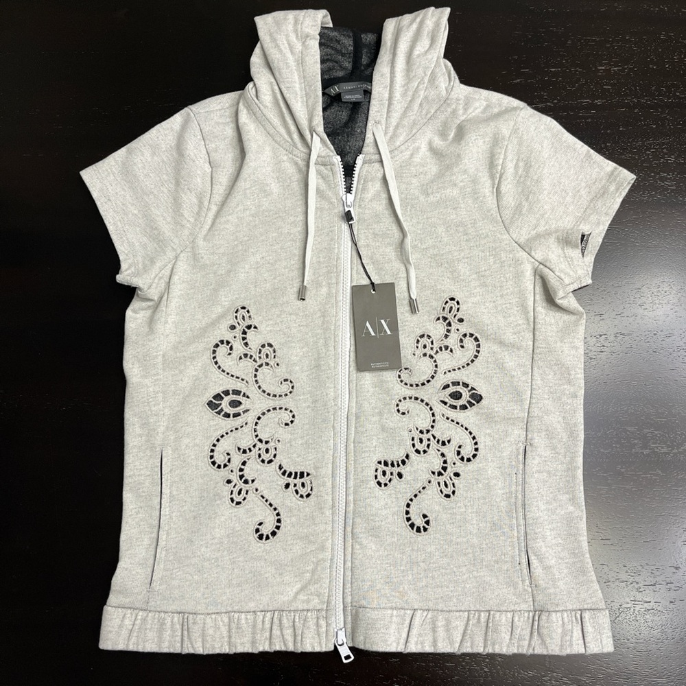 Armani Exchange Gray Short Sleeve Zip Hoodie with Embroidered Detail